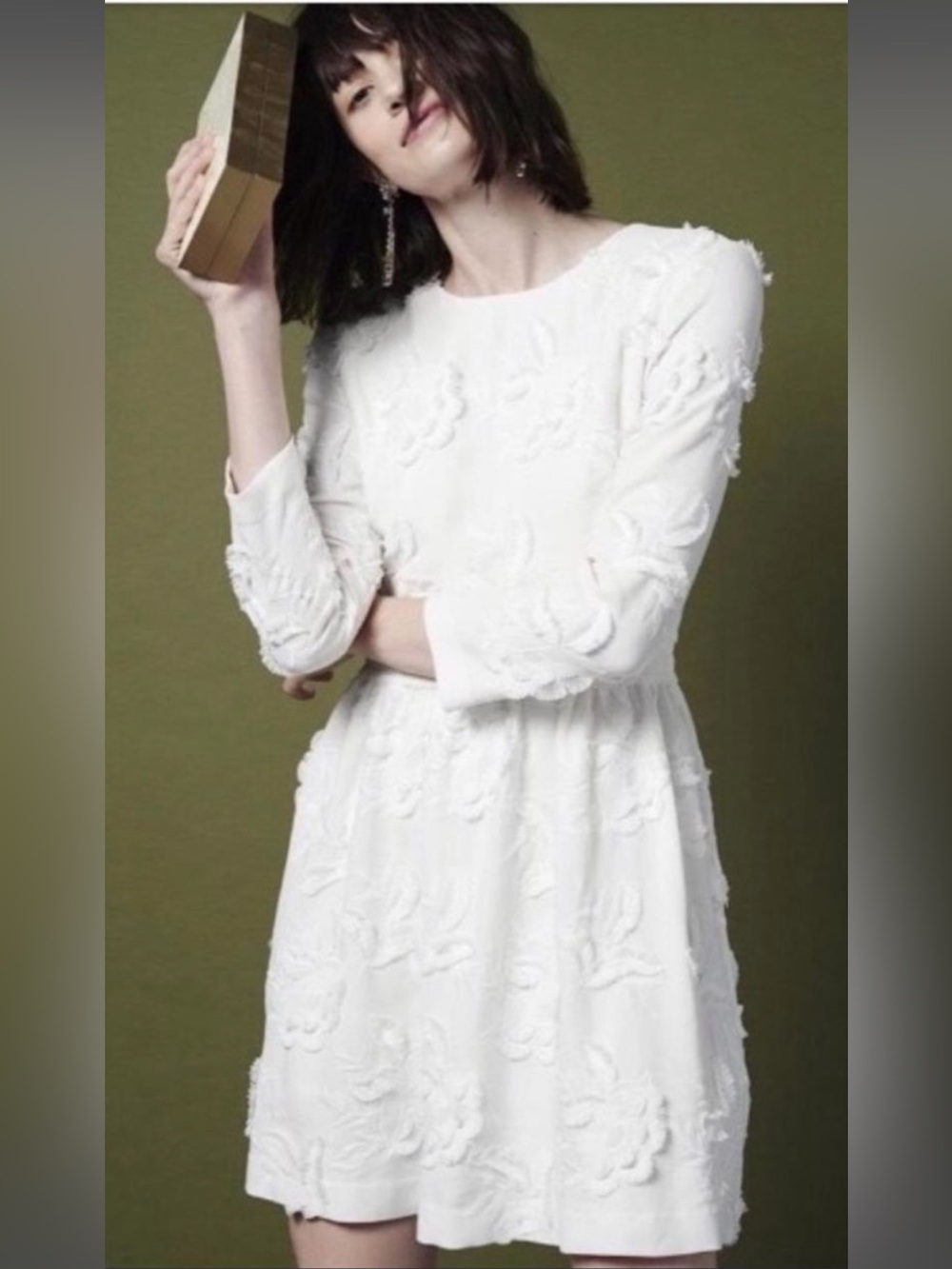 CLUB MONACO Roan Ivory Textured Long-Sleeve A-Line Dress